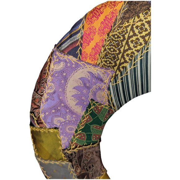 Hand Crafted Wall Hanging Quilt Like Wreath Made of Men's Ties & Scarves 20" - Picture 4 of 15